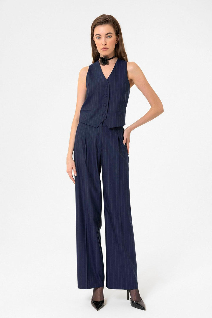 ANT Antioch Lacivert Kadın Çizgili Düğme Kapama Yelek - Fruit Cove