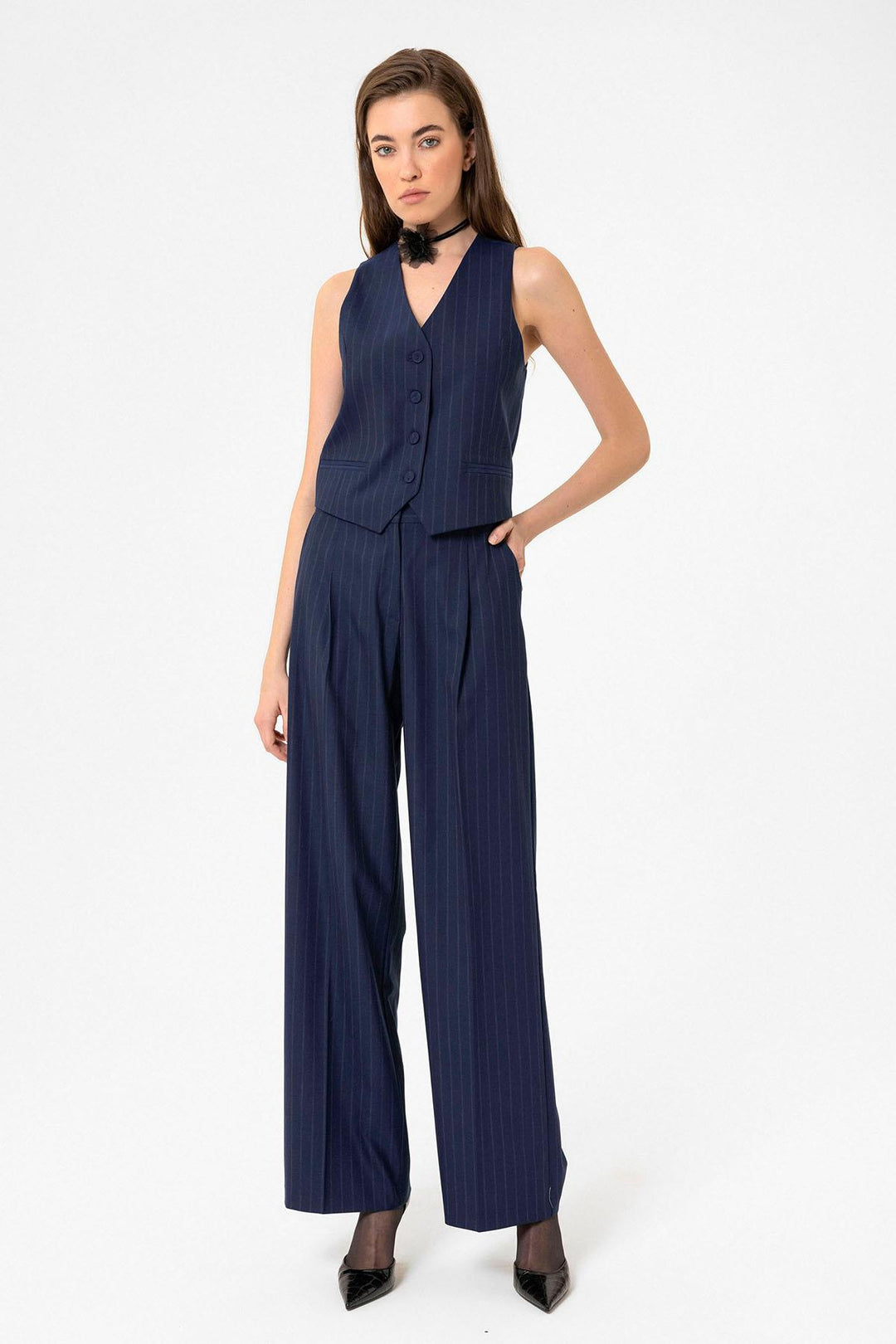 ANT Antioch Navy Blue Women's Striped Button Closure Vest - Brescia