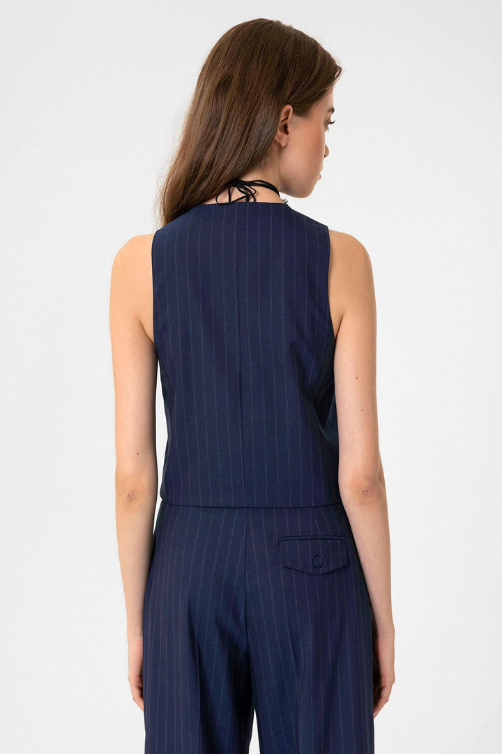 ANT Antioch Lacivert Kadın Çizgili Düğme Kapama Yelek - Fruit Cove