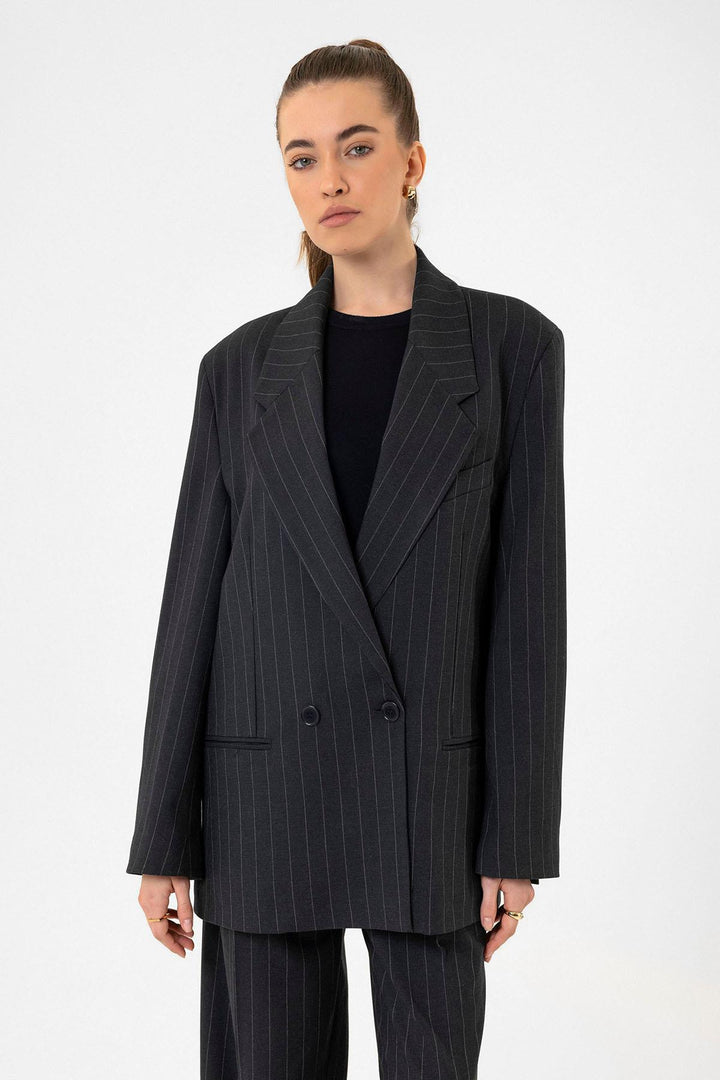 ANT Antioch Navy Blue Striped Oversize Blazer Jacket - Landgraaf
