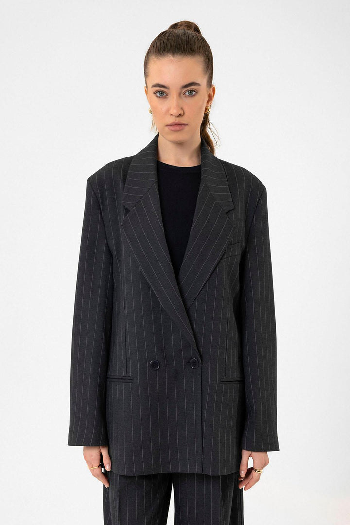 ANT Antioch Navy Blue Striped Oversize Blazer Jacket - Landgraaf
