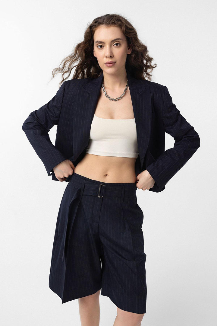ANT Antioch Navy Blue Women's Pinstripe Crop Blazer Jacket - West Allis