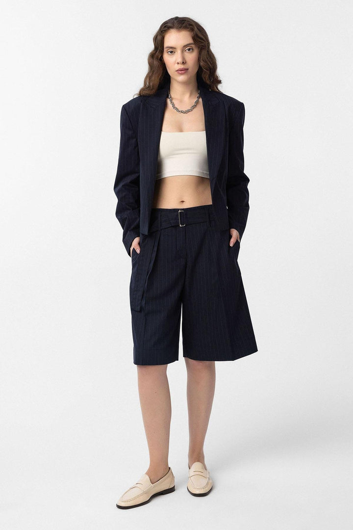 ANT Antioch Navy Blue Women's Pinstripe Crop Blazer Jacket - West Allis