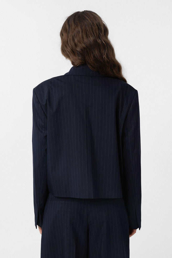 ANT Antioch Navy Blue Women's Pinstripe Crop Blazer Jacket - West Allis