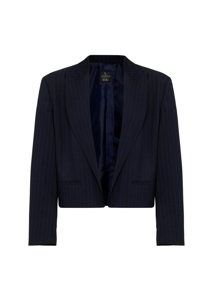 ANT Antioch Navy Blue Women's Pinstripe Crop Blazer Jacket - West Allis