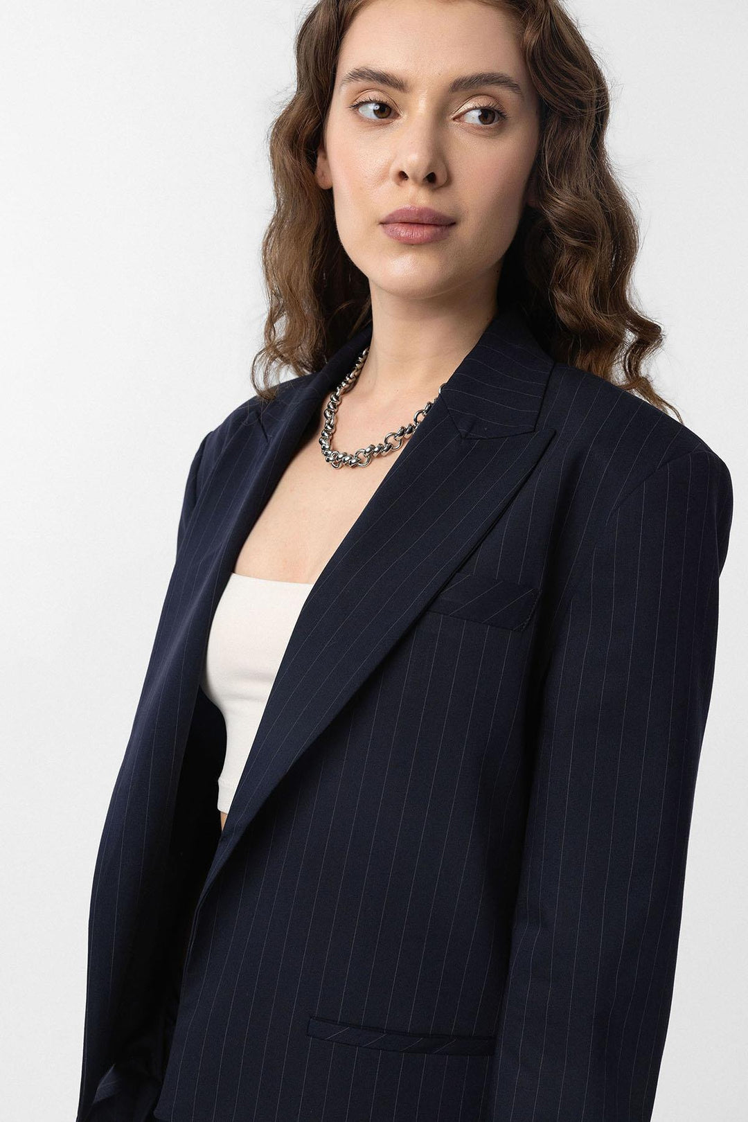 ANT Antioch Navy Blue Women's Pinstripe Crop Blazer Jacket - West Allis