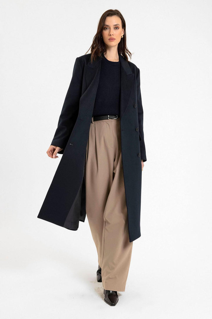 ANT Antioch Navy Blue Women's Wrap Long Coat - Upper Hutt
