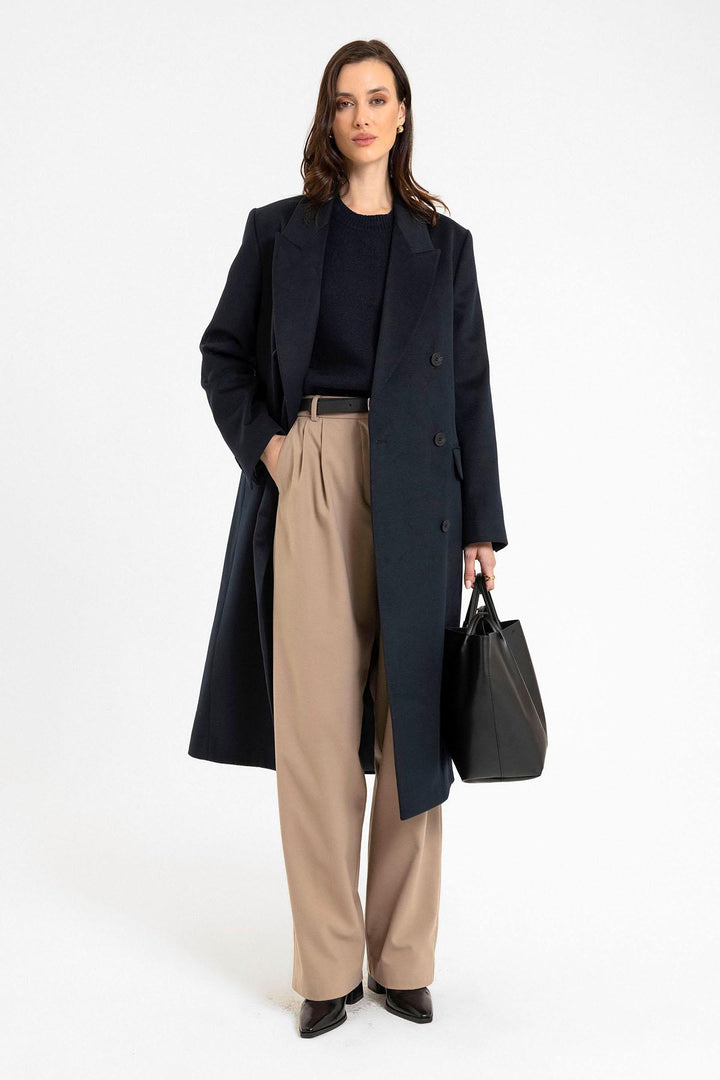 ANT Antioch Navy Blue Women's Wrap Long Coat - Upper Hutt