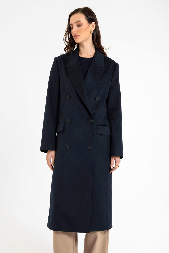 ANT Antioch Navy Blue Women's Wrap Long Coat - Upper Hutt