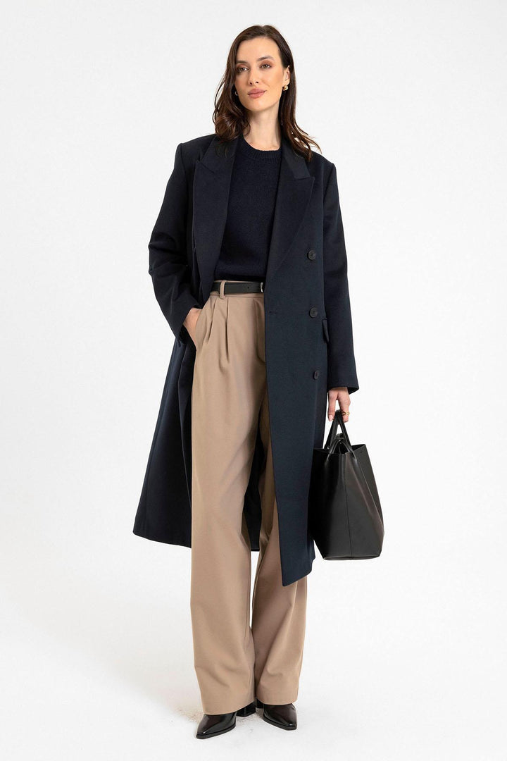 ANT Antioch Navy Blue Women's Wrap Long Coat - Upper Hutt