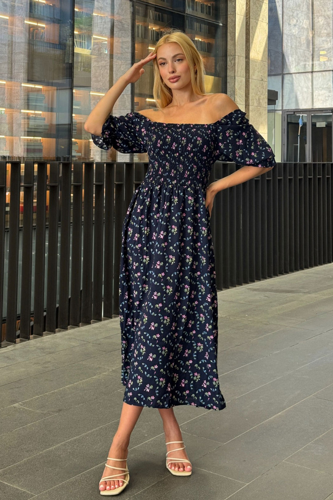 Navy Blue Square Neck Belted Floral Pattern Woven Summer Dress BCVL-25V095 - Rouen