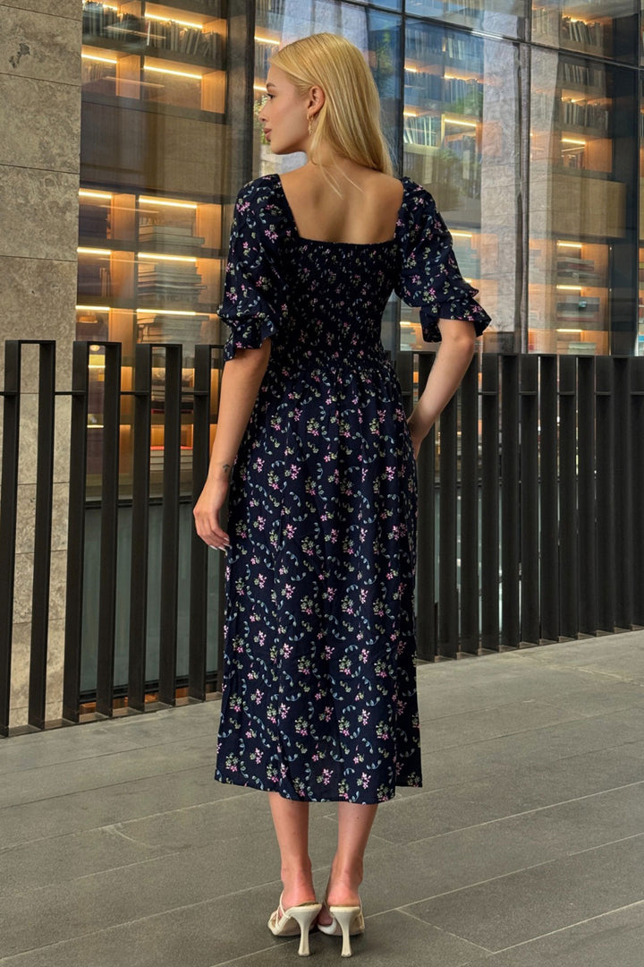 Navy Blue Square Neck Belted Floral Pattern Woven Summer Dress BCVL-25V095 - Rouen