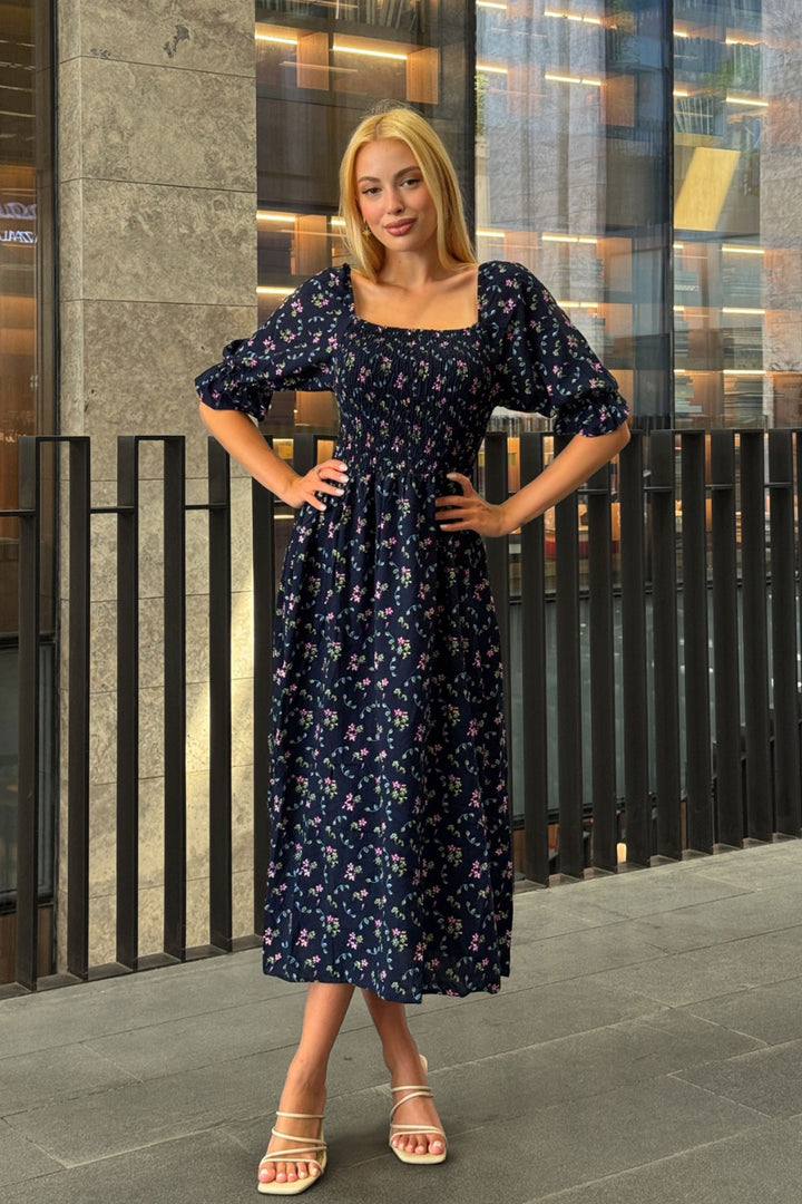 Navy Blue Square Neck Belted Floral Pattern Woven Summer Dress BCVL-25V095 - Rouen