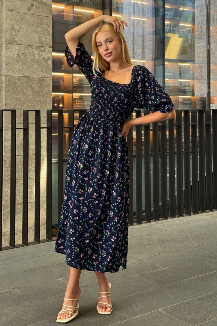 Navy Blue Square Neck Belted Floral Pattern Woven Summer Dress BCVL-25V095 - Rouen