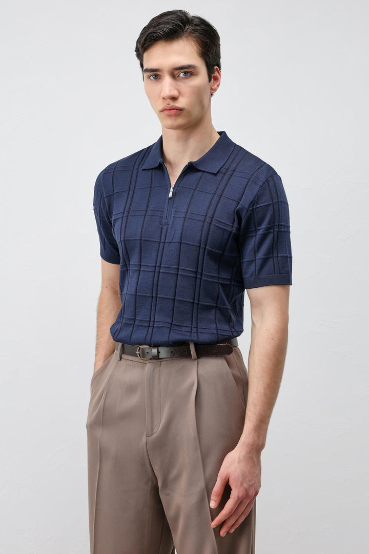 ANT Antioch Lacivert Kareli Desenli Erkek Triko T-Shirt - Sun Prairie