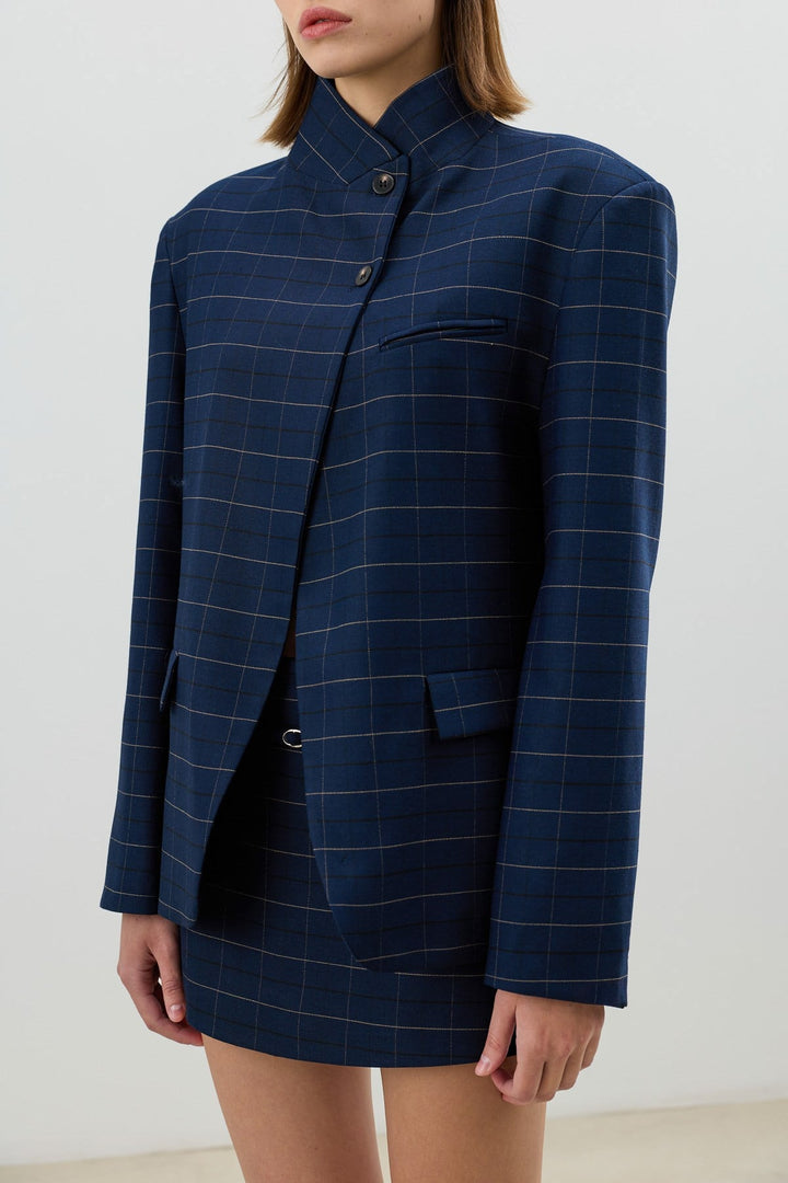 ANT Antioch Lacivert Kareli Dik Yaka Kadın Blazer Ceket - Edinburgh