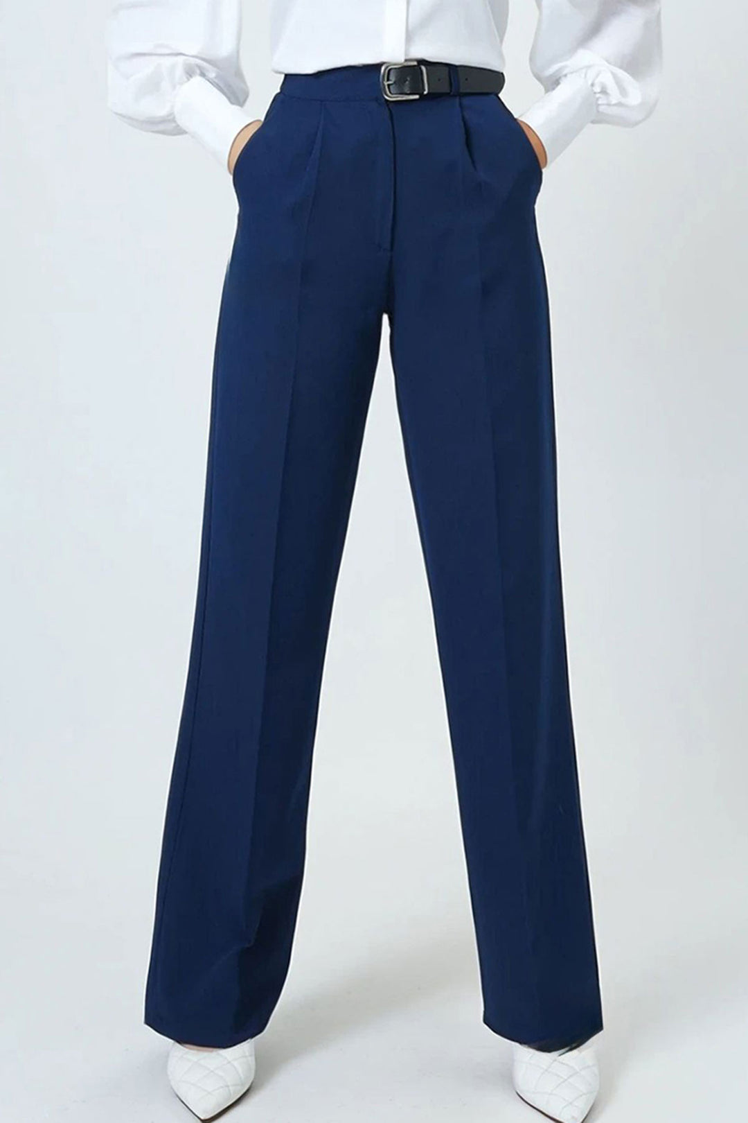 Navy Belted Buttoned Palazzo Pants with Double Pockets BCHAV-251230 - Frankenthal