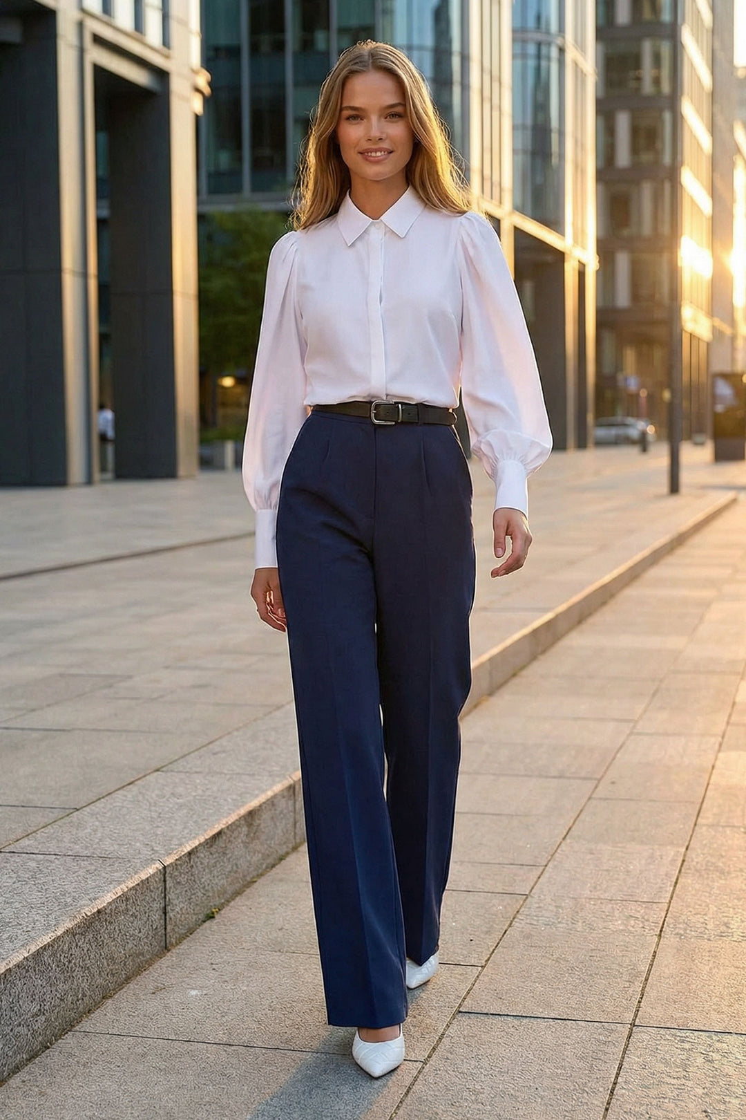 Navy Belted Buttoned Palazzo Pants with Double Pockets BCHAV-251230 - Woodstock