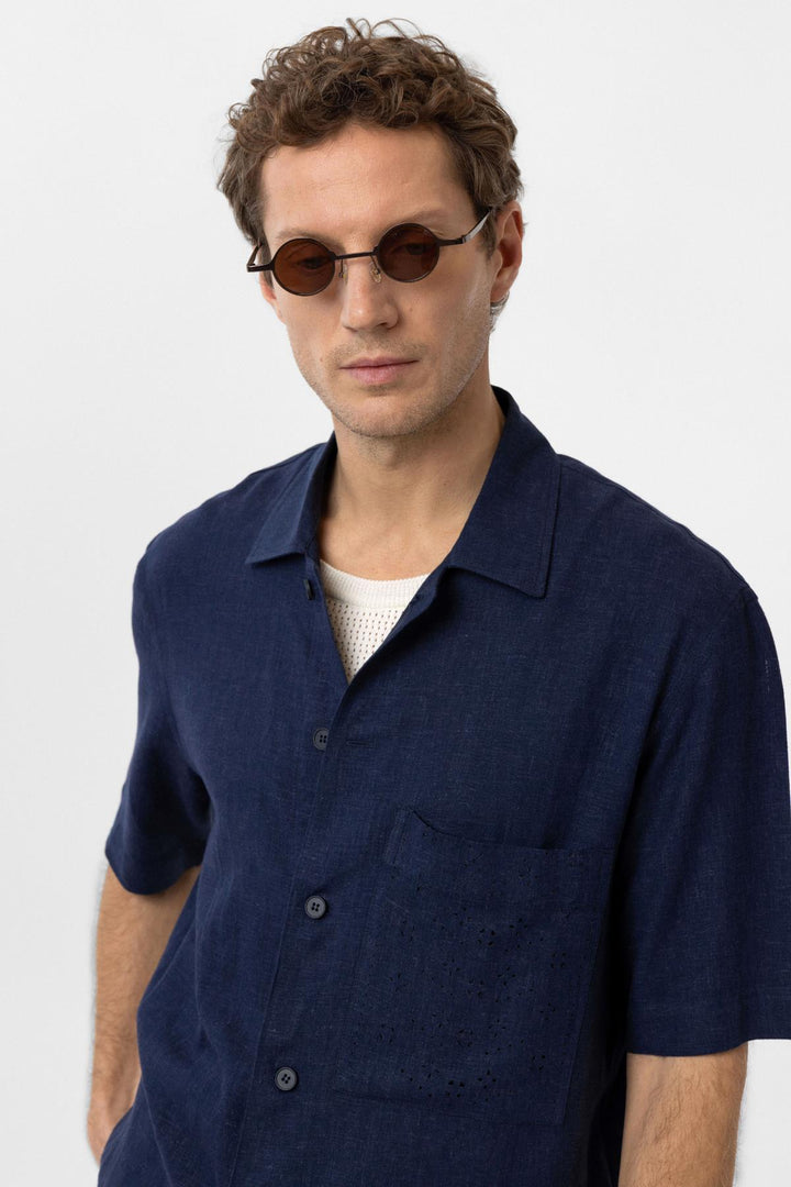 ANT Antioch Blue Linen Blend Short Sleeve Men's Shirt - Elizabeth