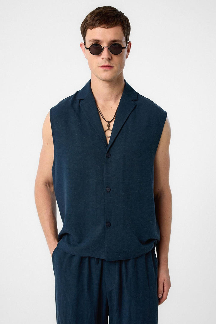 ANT Antioch Blue Linen Blend Sleeveless Men's Shirt - Freising