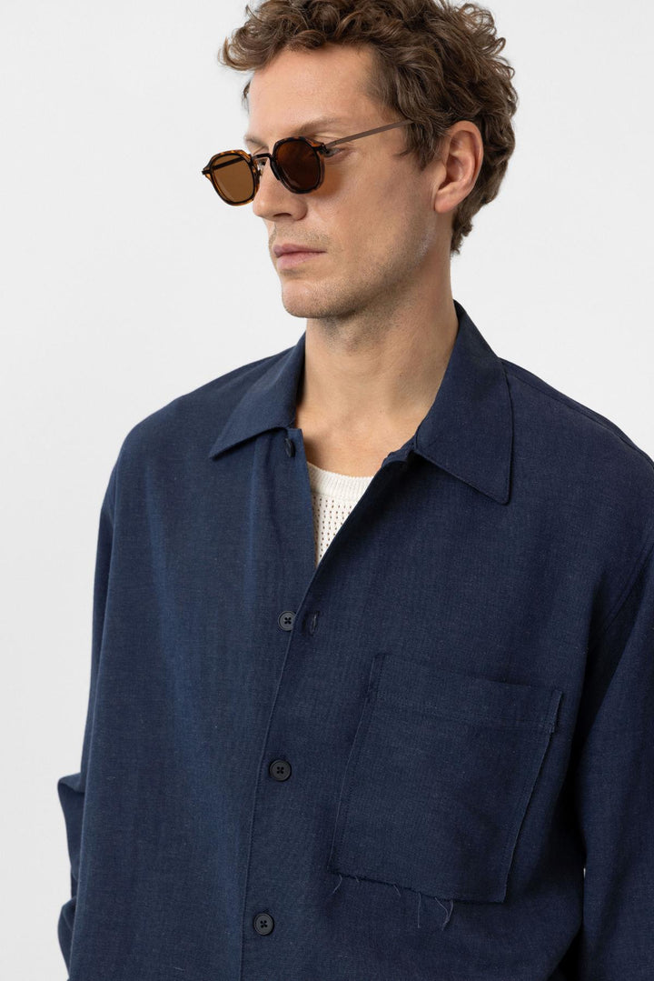 ANT Antioch Blue Linen Blend Relaxed Fit Men's Shirt - San Felipe Orizatlán
