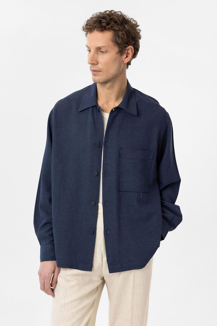 ANT Antioch Blue Linen Blend Relaxed Fit Men's Shirt - San Felipe Orizatlán