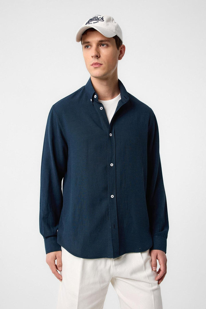 ANT Antioch Blue Linen Blend Buttoned Collar Men's Shirt - Bad Oeynhausen
