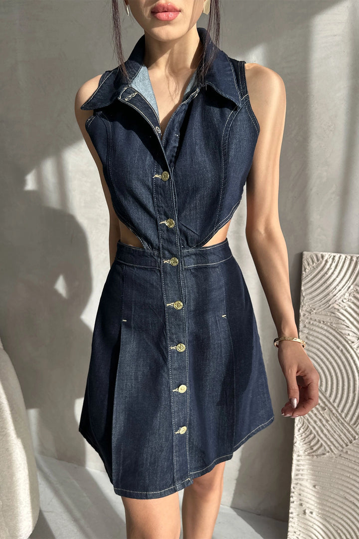 Navy Blue Sleeveless Low Neckline Special Design Denim Dress BCDF-253607 - Dakota Ridge