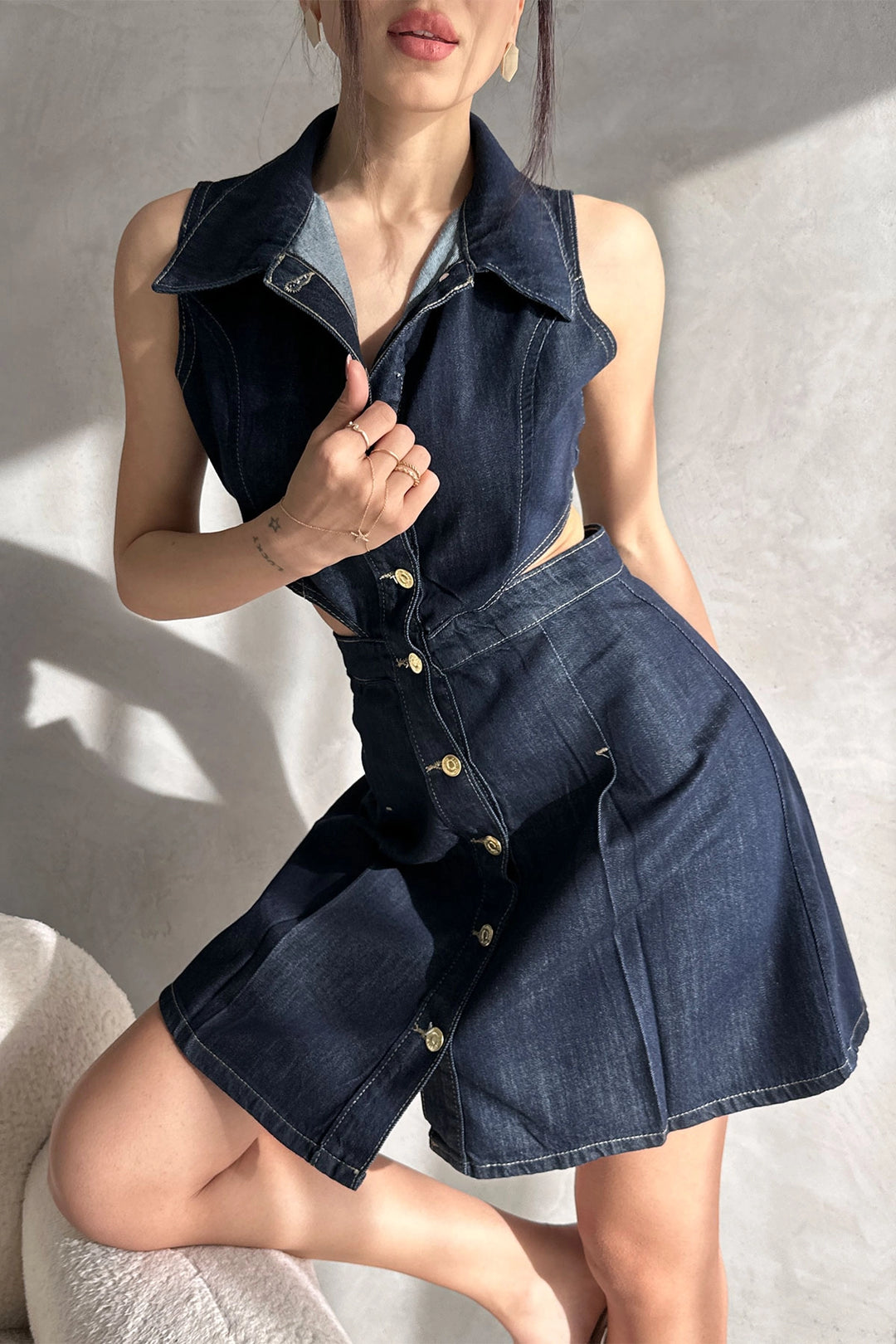 Navy Blue Sleeveless Low Neckline Special Design Denim Dress BCDF-253607 - Dakota Ridge