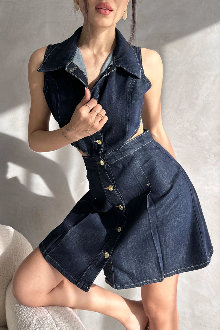 Navy Blue Sleeveless Low Neckline Special Design Denim Dress BCDF-253607 - Dakota Ridge