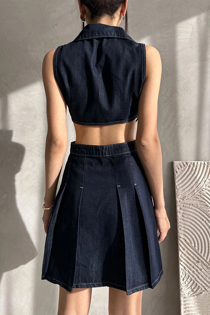 Navy Blue Sleeveless Low Neckline Special Design Denim Dress BCDF-253607 - Dakota Ridge