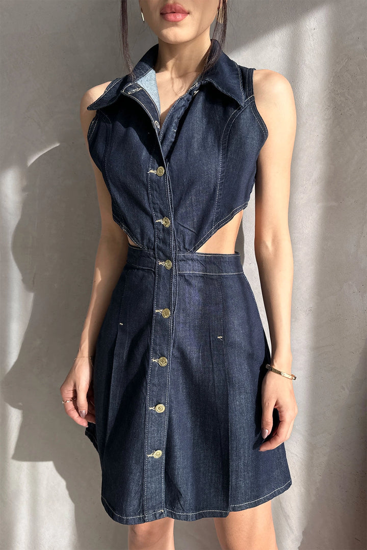 Navy Blue Sleeveless Low Neckline Special Design Denim Dress BCDF-253607 - Dakota Ridge