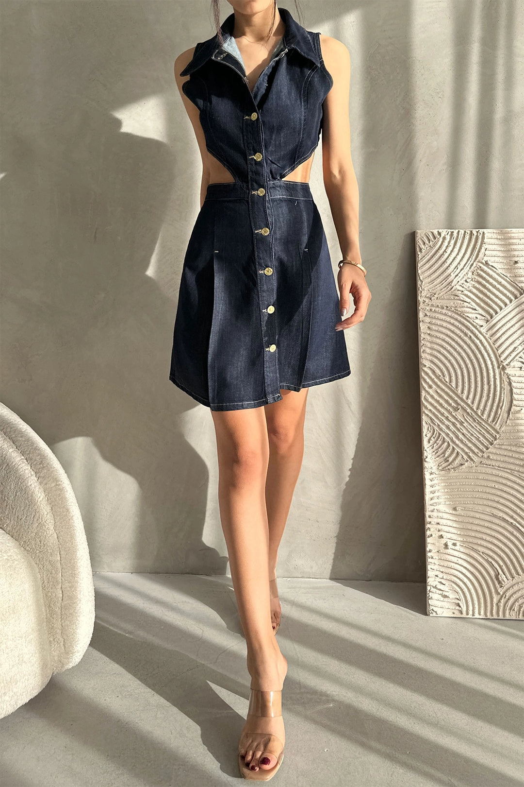 Navy Blue Sleeveless Low Neckline Special Design Denim Dress BCDF-253607 - Dakota Ridge