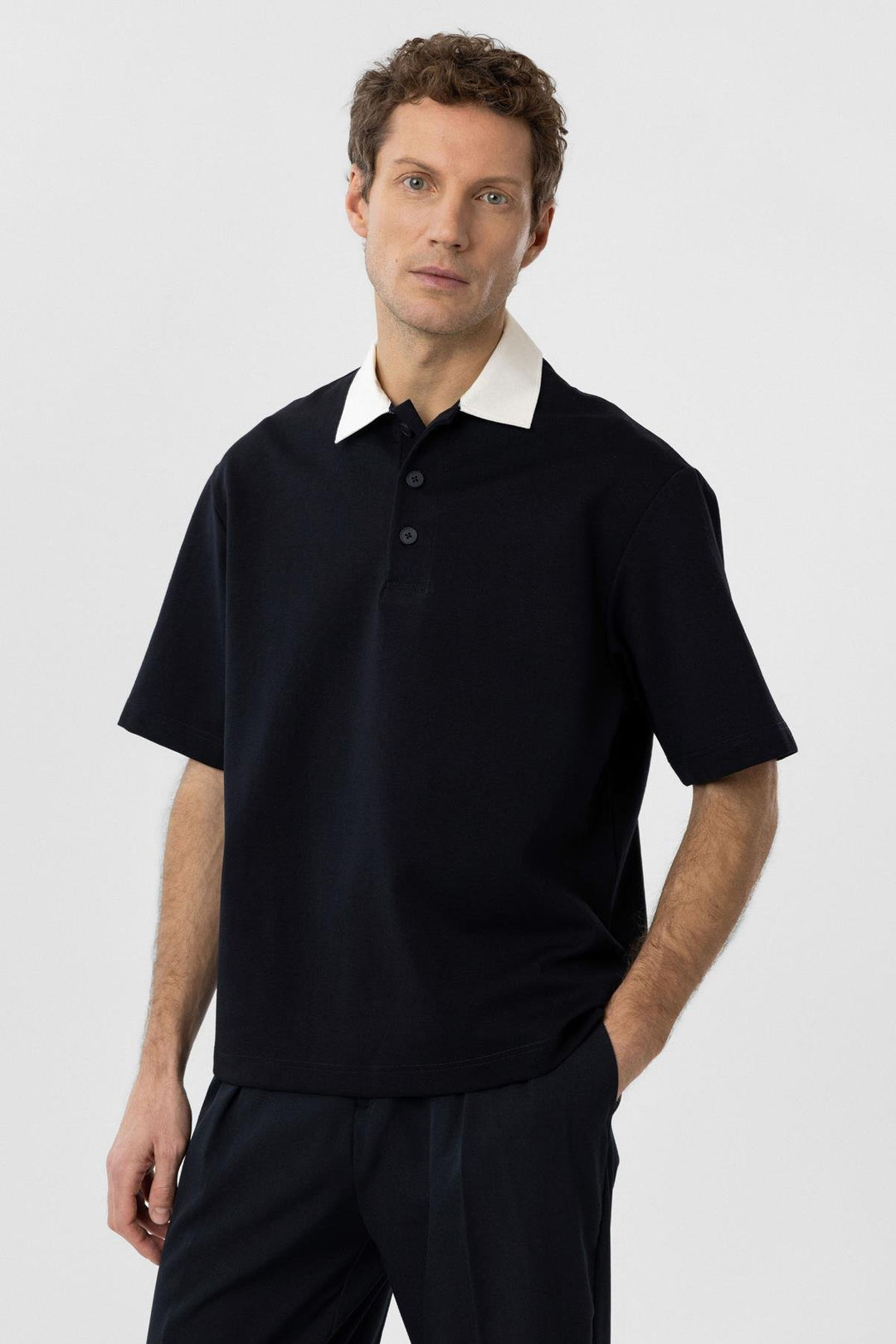 ANT Antioch Navy Blue Contrast Collar Interlock Textured Men's T-Shirt - Sacramento