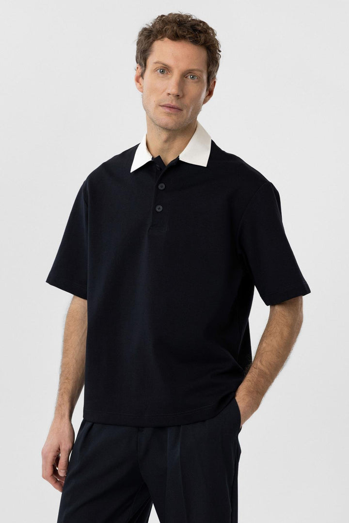 ANT Antioch Navy Blue Contrast Collar Interlock Textured Men's T-Shirt - Sacramento