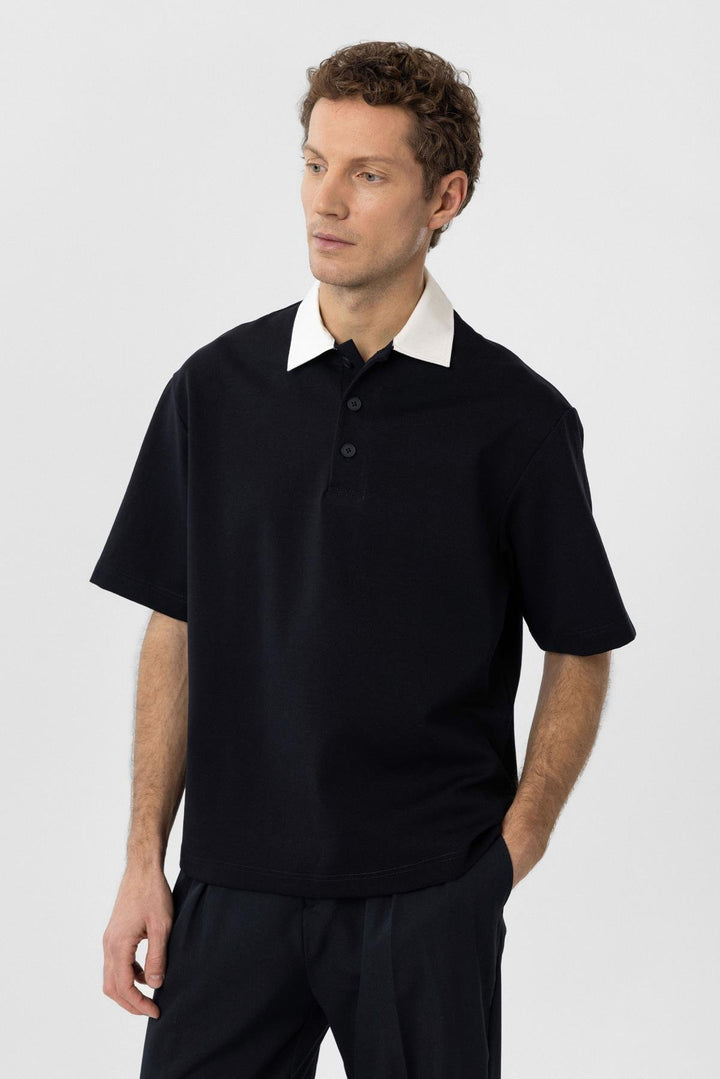 ANT Antioch Navy Blue Contrast Collar Interlock Textured Men's T-Shirt - Sacramento