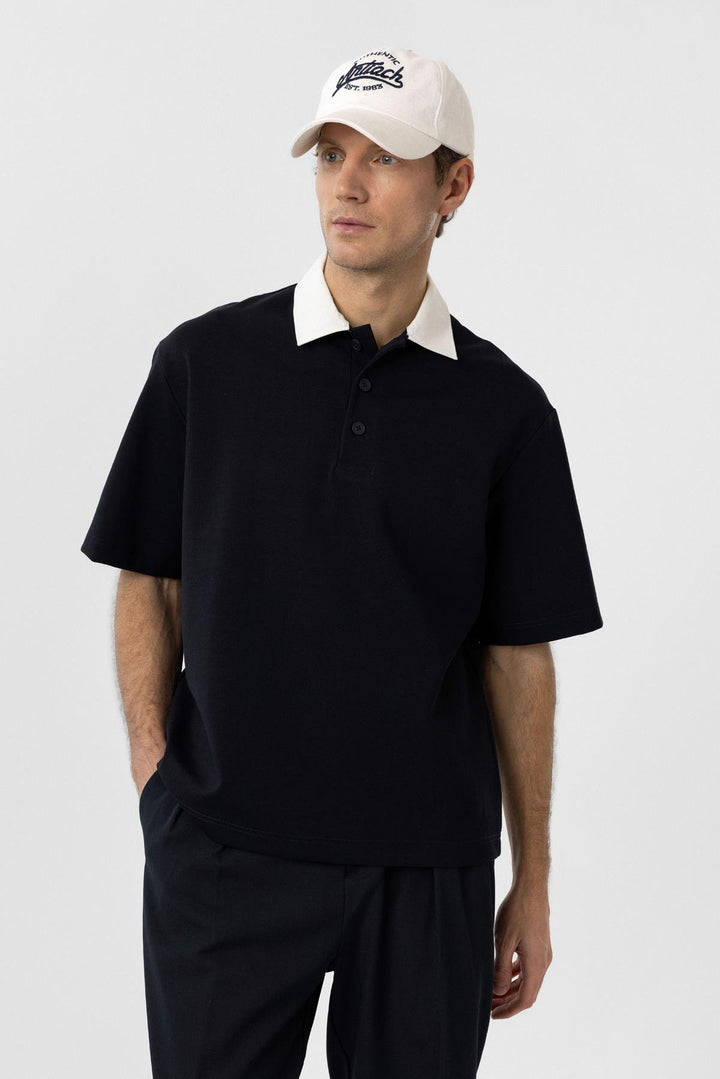 ANT Antioch Navy Blue Contrast Collar Interlock Textured Men's T-Shirt - Sacramento