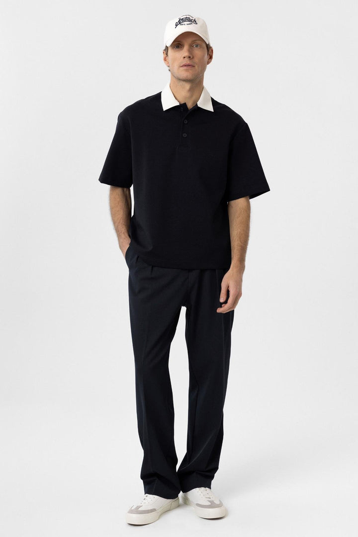 ANT Antioch Navy Blue Contrast Collar Interlock Textured Men's T-Shirt - Sacramento