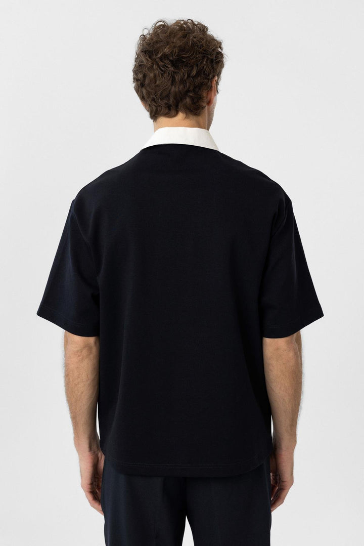 ANT Antioch Navy Blue Contrast Collar Interlock Textured Men's T-Shirt - Sacramento