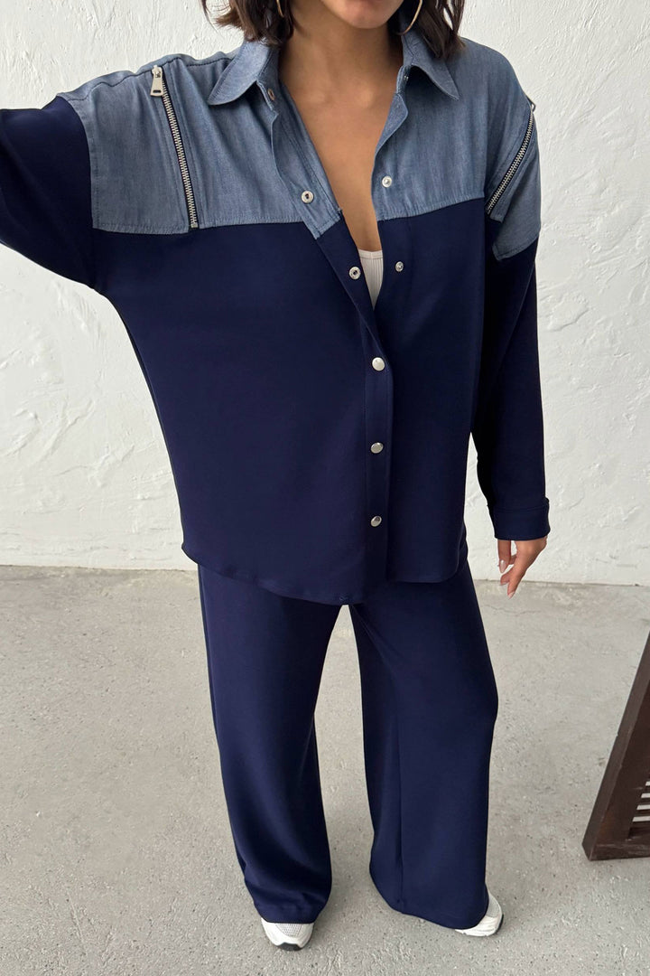 Navy Blue Denim Fabric Soft Textured Pants Shirt Set BCHN-25261022 - Arvada