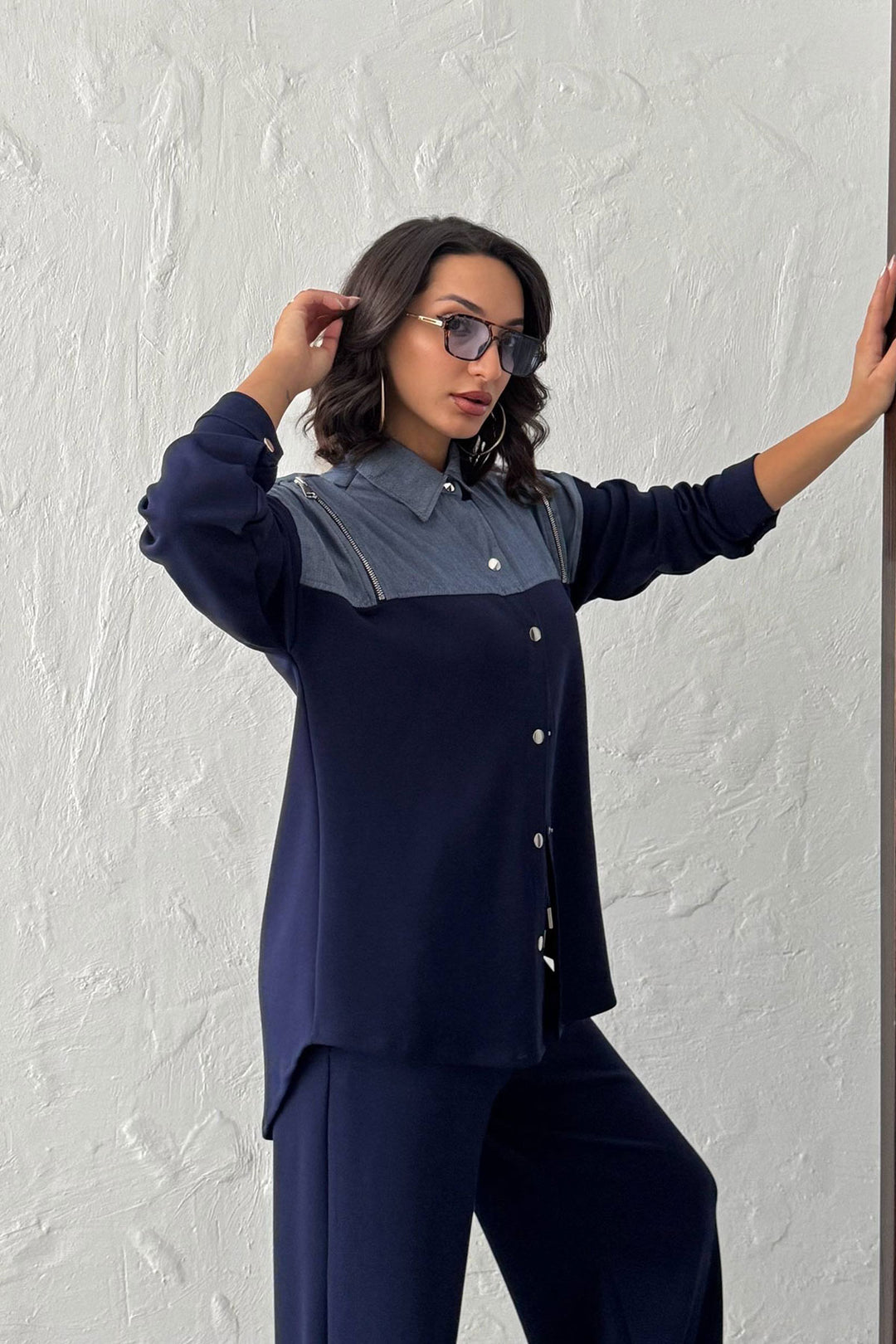 Navy Blue Denim Fabric Soft Textured Pants Shirt Set BCHN-25261022 - Arvada