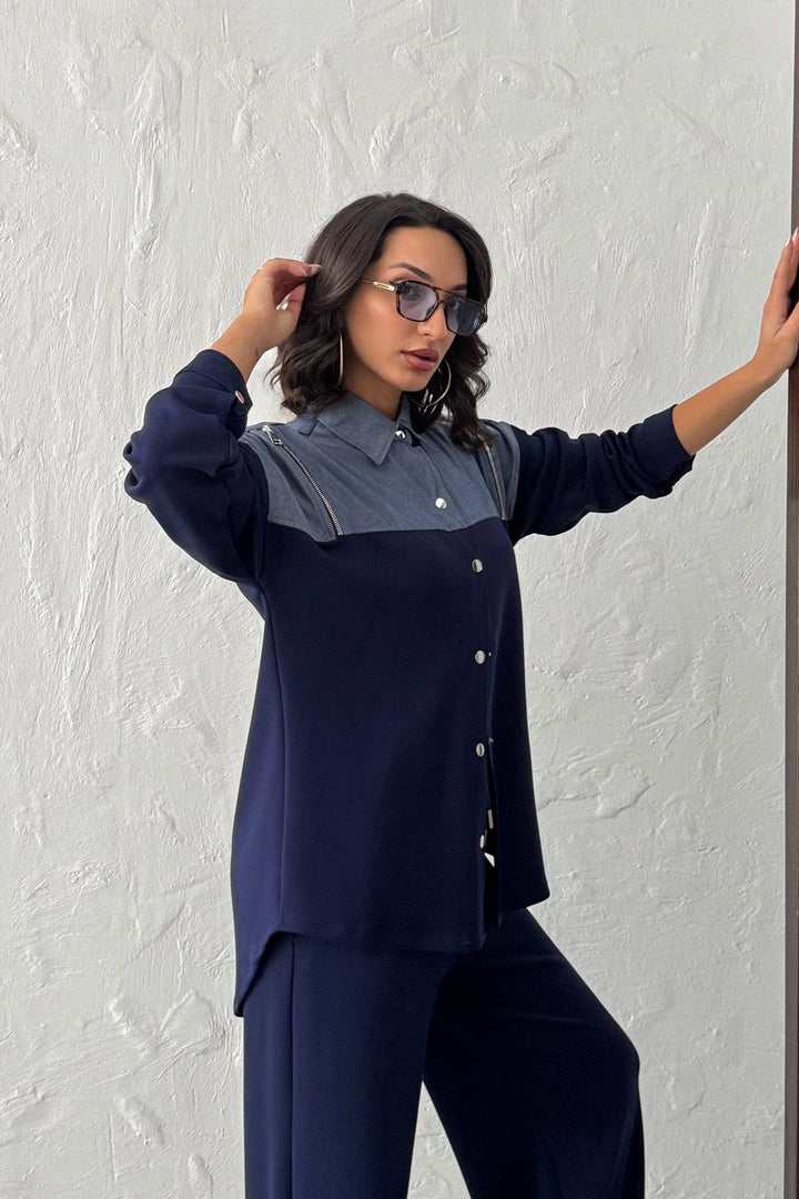 Navy Blue Denim Fabric Soft Textured Pants Shirt Set BCHN-25261022 - Arvada
