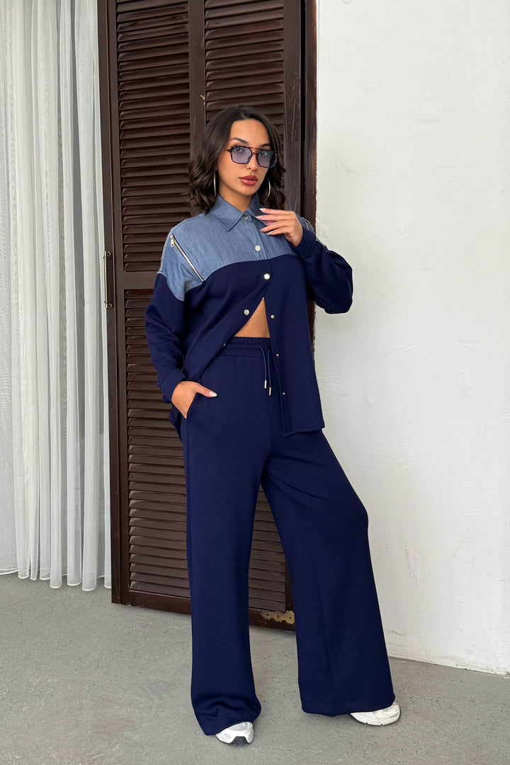 Navy Blue Denim Fabric Soft Textured Pants Shirt Set BCHN-25261022 - Arvada