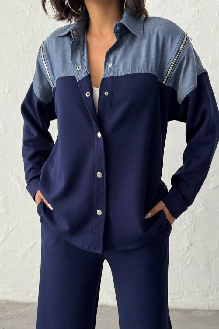 Navy Blue Denim Fabric Soft Textured Pants Shirt Set BCHN-25261022 - Arvada