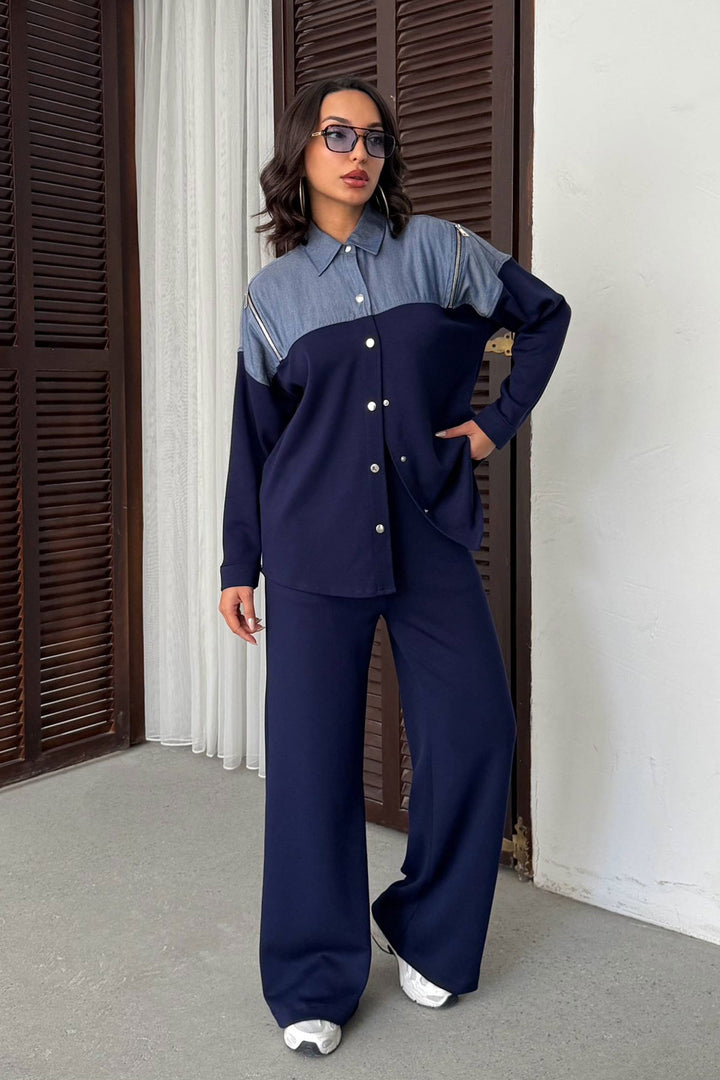 Navy Blue Denim Fabric Soft Textured Pants Shirt Set BCHN-25261022 - Arvada