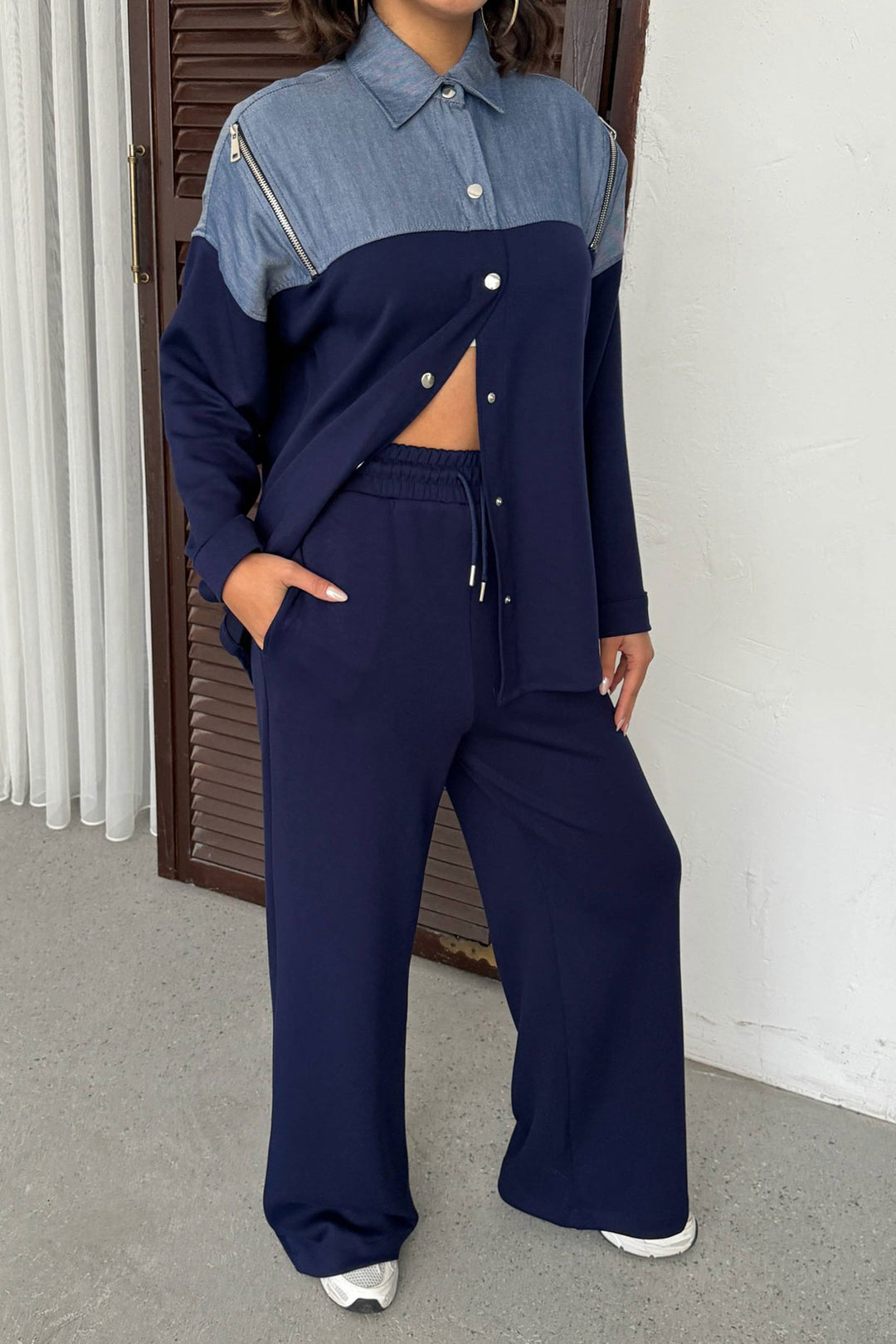 Navy Blue Denim Fabric Soft Textured Pants Shirt Set BCHN-25261022 - Arvada
