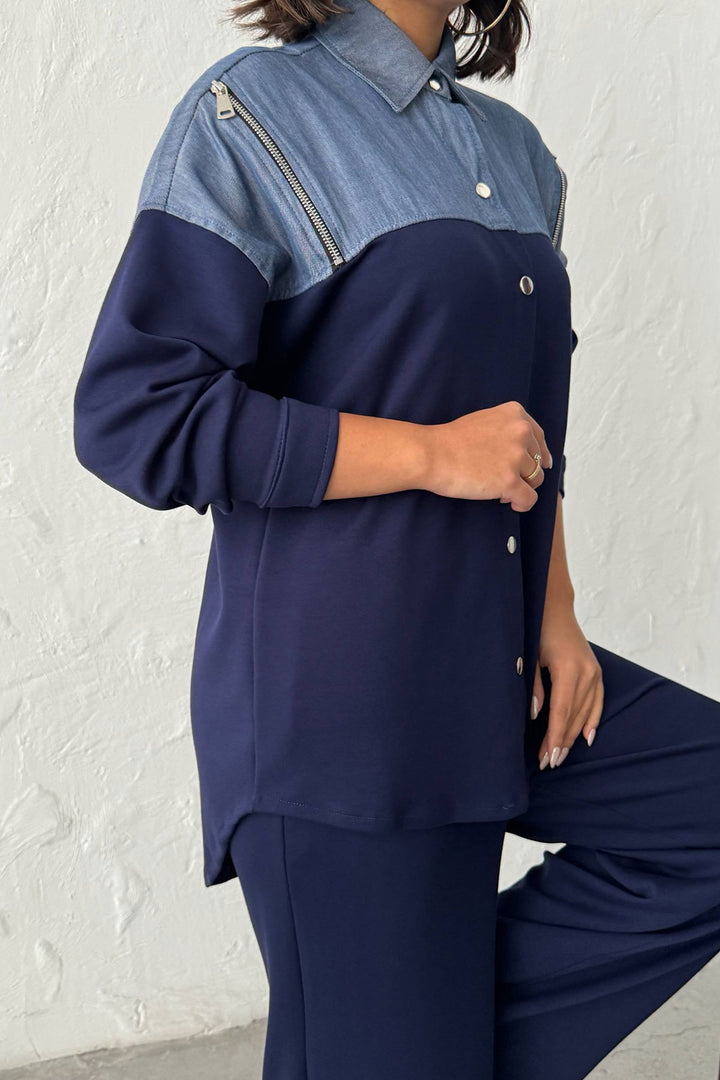 Navy Blue Denim Fabric Soft Textured Pants Shirt Set BCHN-25261022 - Arvada