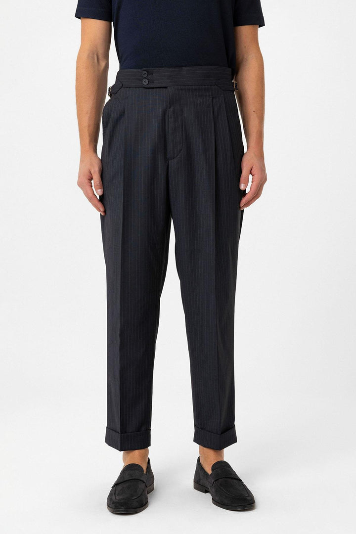 ANT Antioch Navy Blue Double Breasted Closure Italian Cut Striped Men's Technical Suit - Altoona