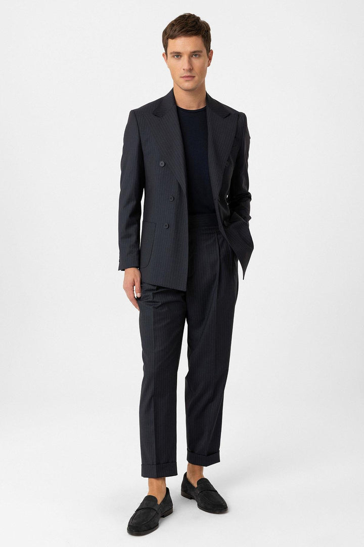 ANT Antioch Navy Blue Double Breasted Closure Italian Cut Striped Men's Technical Suit - Altoona