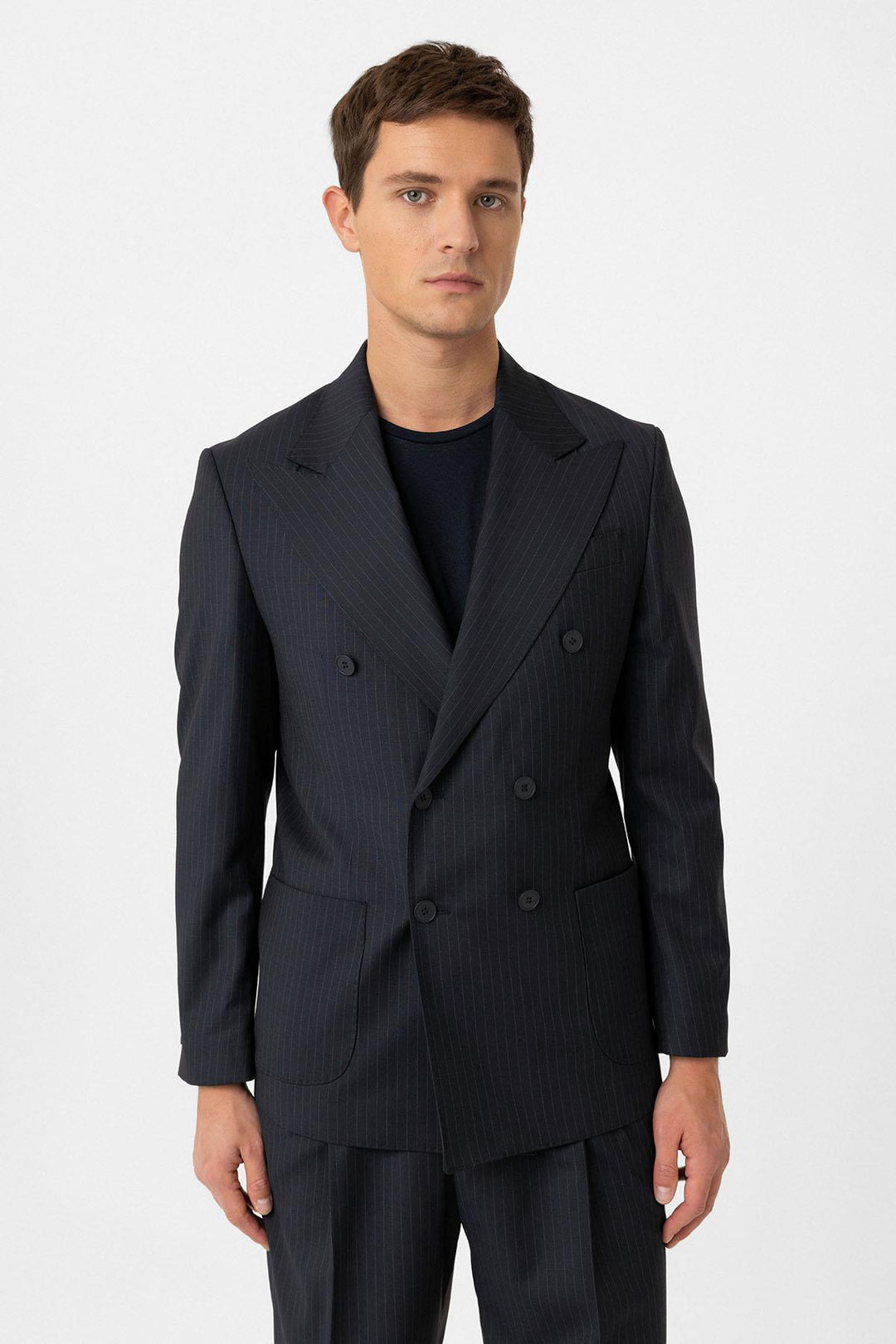 ANT Antioch Navy Blue Double Breasted Closure Italian Cut Striped Men's Technical Suit - Altoona